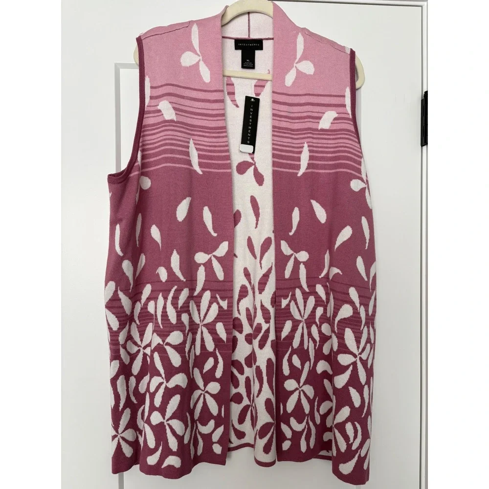 Investments  XL Pink Floral Vest Open Front BohemianSleeveless Cardigan New